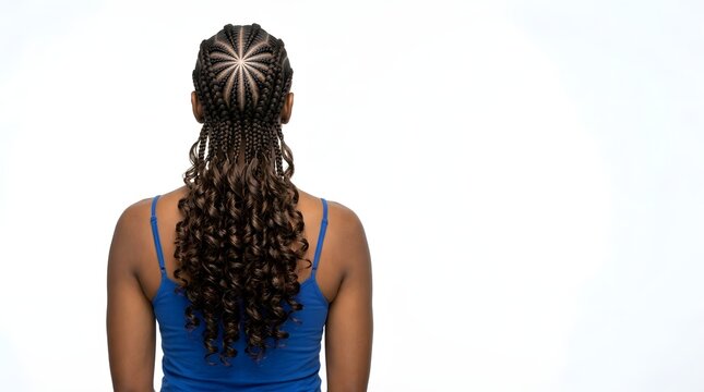 Rear view of a woman with long box braids styled in a triangle part pattern wearing a blue tank top on a white background, showcasing protective hairstyle and natural African American hair care