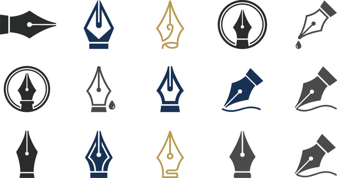 Fountain pen nib icon set signature calligraphy law firm logo tool corporate vector illustration graphic collection