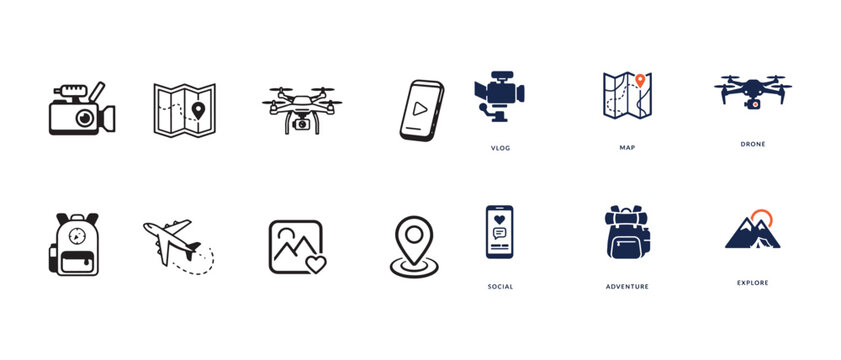 A collection of travel and adventure icons with a white background for easy use