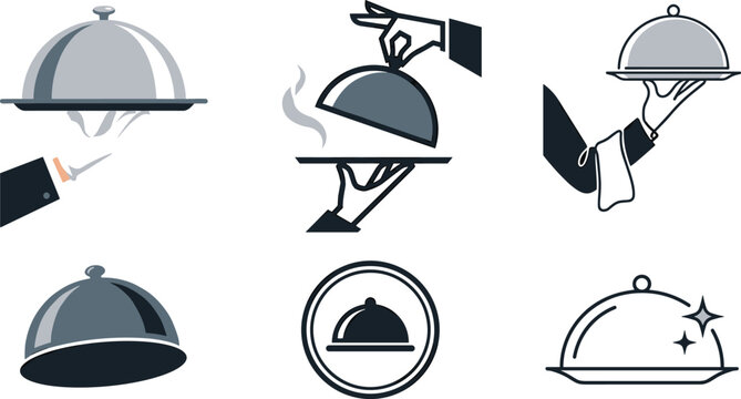 Cloche food tray icon set waiter serving hand restaurant luxury dinner logo vector illustration graphic collection