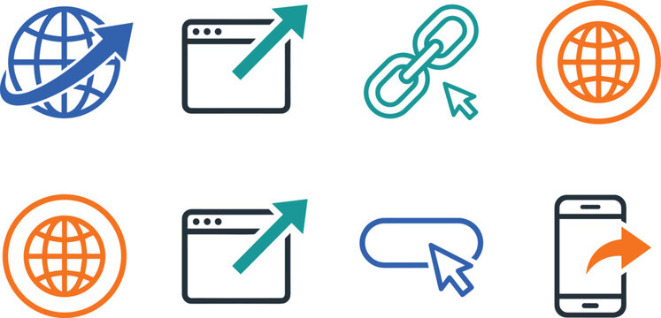 Hyperlink external link icon set web browse globe arrow click connection button dynamic vector illustration collection