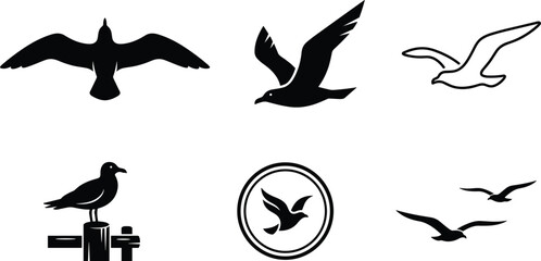 Seagull bird icon set flying seagull silhouette ocean beach marine wildlife logo vector illustration graphic collection © MstLaky