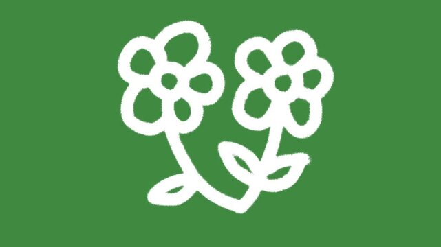 Bio tech twin flower blossoms hand-drawn cartoon graphic with chalk outline ecological growth plant icon isolated on green screen background for school classroom science education line art element.