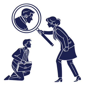 Woman examining a man through a magnifying glass while he kneels with a briefcase