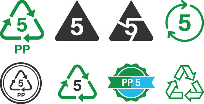 Recycle plastic code 5 PP polypropylene icon set green eco triangle symbol vector illustration sign collection