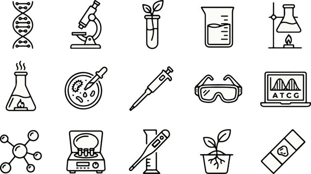 Biotechnology and science research icon set featuring laboratory equipment, DNA, and analysis tools.