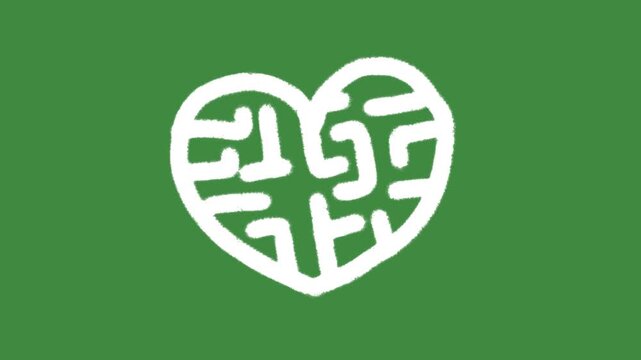 Heart circuit network hand-drawn cartoon graphic with chalk outline electronic core icon isolated on green screen background for cybersecurity data encryption and digital transaction line art.