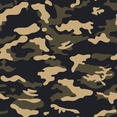 Fototapeta premium Seamless pattern for textile print on fabric and wallpaper featuring dark camouflage design in black, khaki, and brown tones, perfect for military and outdoor use
