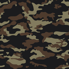 Fototapeta premium Seamless pattern for textile print on fabric and wallpaper featuring dark brown and olive military camouflage, ideal for tactical, outdoor, and hunting designs