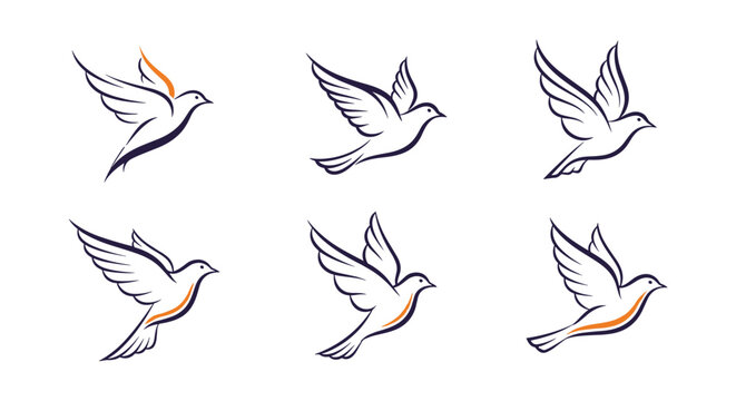 Set of six graceful flying bird silhouettes with subtle orange highlights, representing peace, freedom, and the beauty of natural flight.