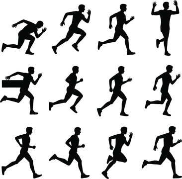 Male Runner Silhouette Sequence in Motion Dynamic Sprinter Progression Isolated on White Vector Illustration