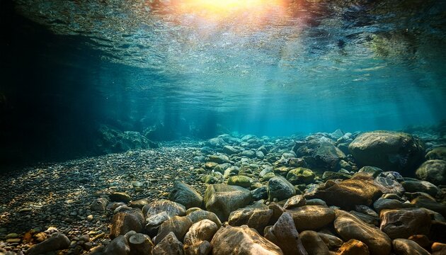 underwater view of a rocky riverbed with sunlight shining through the water