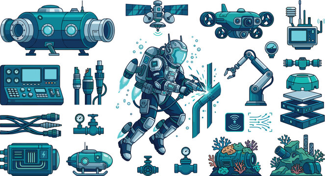 Futuristic deep sea engineer vector bundle featuring scuba diver welding underwater pipes submarines robotic arms drone satellites and marine technology elements