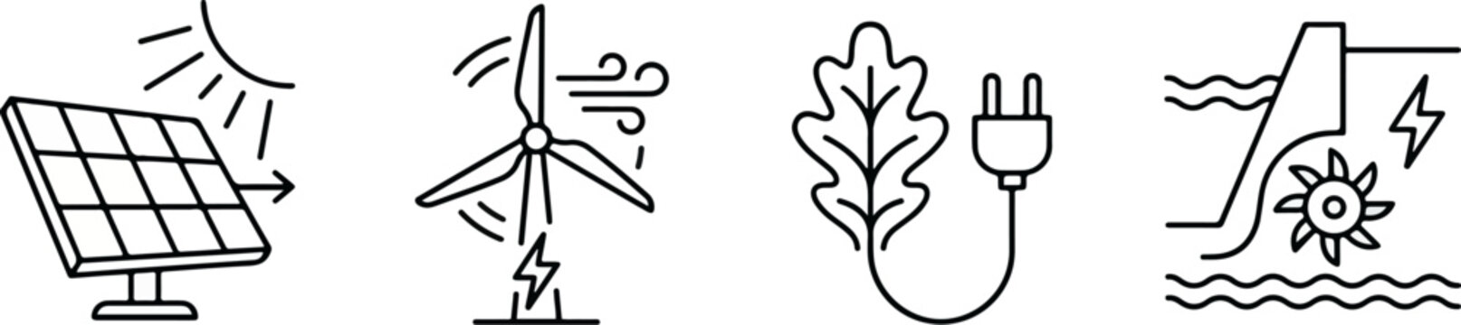 Sustainable energy icons set representing solar, wind, bioenergy, and hydropower sources.