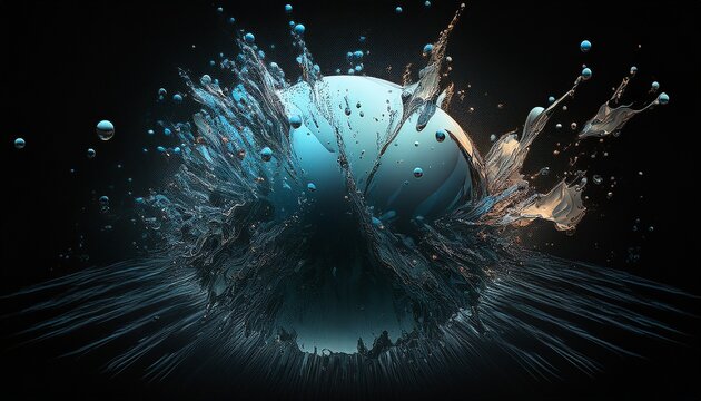 a large sphere of water exploding into droplets against a black background