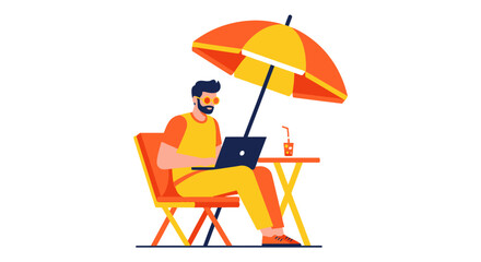 Fototapeta premium Digital Nomad Working on Laptop Under Beach Umbrella, Remote Work and Freelance Freedom Concept, Summer Vacation Flat Illustration