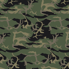 Traditional military camouflage pattern in green, khaki, and black colors. Seamless army texture for textile, uniform, backgrounds, and tactical gear design © motifs_20