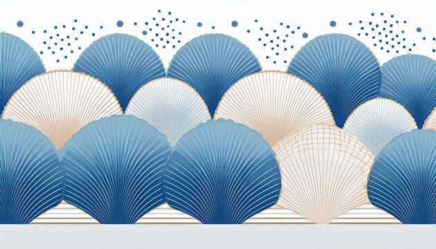 a simple design with blue stripes scallops and dots on a white background in a vertical format