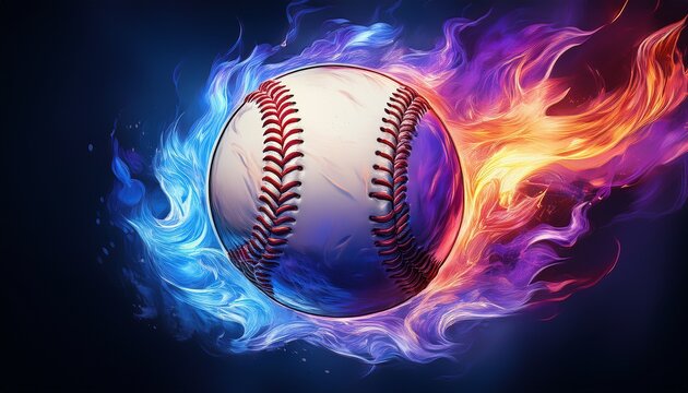 a baseball with flames in a blue and purple design on a dark background