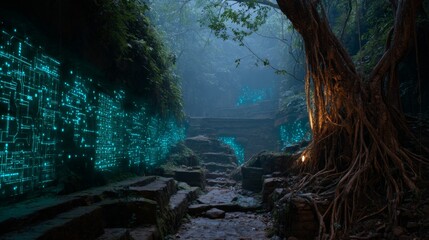 Fototapeta premium Ancient Jungle Temple Concealing Hidden Technology Beneath a Mysterious Canopy of Trees and Enigmatic Light Patterns