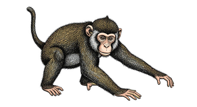 Small monkey with brown fur and a long tail crawling forward in a detailed artistic illustration against a white background.