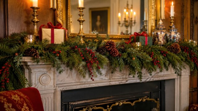 Britischer Kamin mit WeihnachtsgirlandeEleganter Marmorkamin mit Tannengirlande, roten Beeren, Zapfen, Kerzen und Geschenken in klassischem englischem Interieur.