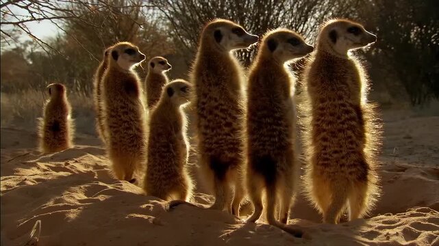 A group of meerkats stand alert on sandy ground in the warm glow of sunset