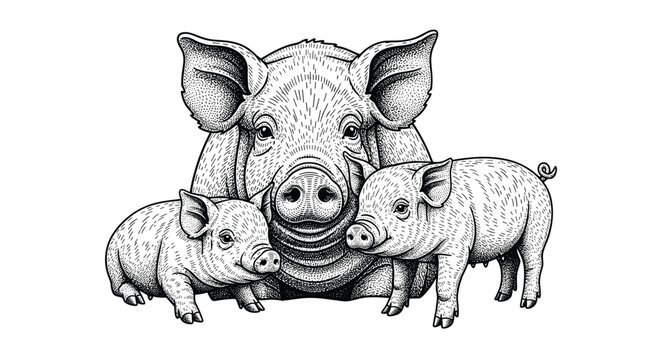 Vintage style ink drawing of a large sow pig with two small piglets standing in front of it on a plain white background.