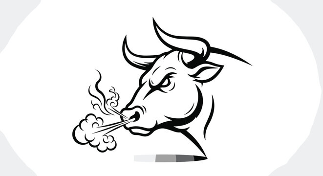 Stylized black and white illustration of an angry bull head snorting steam from its nostrils with sharp horns.