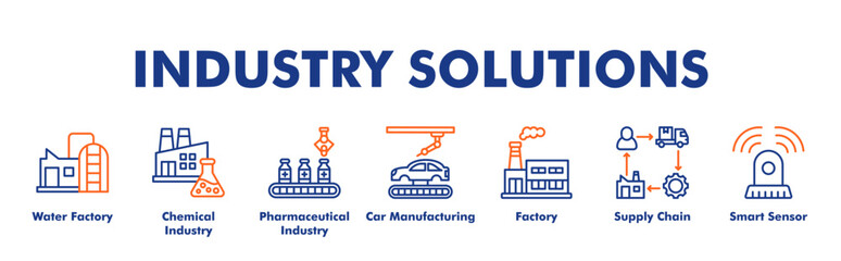 Naklejka premium INDUSTRY SOLUTIONS web banner icon vector illustration concept with icon of Water Factory, Chemical Industry, Pharmaceutical Industry, Car Manufacturing, Factory, Supply Chain, Smart Sensor
