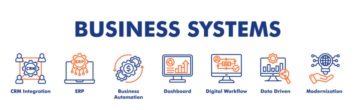 BUSINESS SYSTEMS web banner icon vector illustration concept with icon of CRM Integration, ERP, Business Automation, Dashboard, Digital Workflow, Data Driven, Modernization