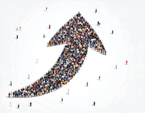 Illustration features numerous tiny figures composing a large upward-pointing arrow on a white background