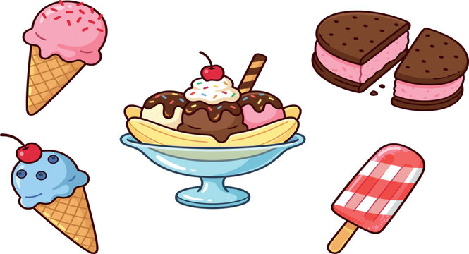Cute Ice Cream and Frozen Treats Vector Illustration Set Featuring Banana Split Waffle Cones Popsicle and Sandwich for Summer Dessert Menu Designs