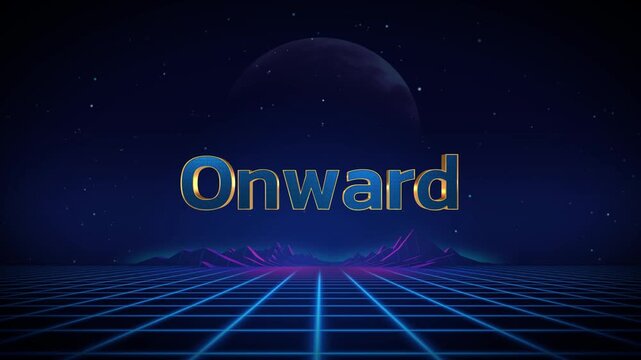 Futuristic neon grid landscape with 'onward' text in night sky with moon