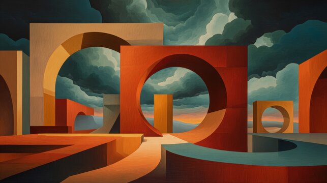 Abstract Giant Floating Architectural Forms Against Dramatic Cloudy Background