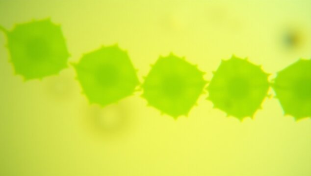 Microscopic View of Green Algae Colonies in a Chain Formation.