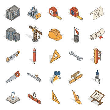 Collection of isometric architectural and construction tools and elements.