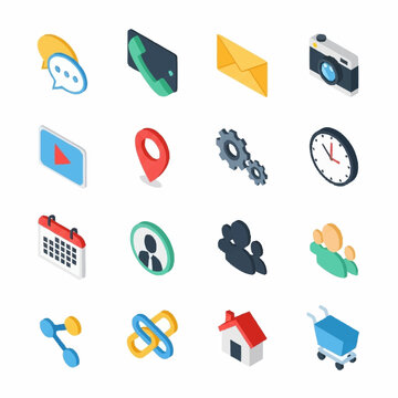 Collection of isometric icons representing various digital and communication elements on a white background.