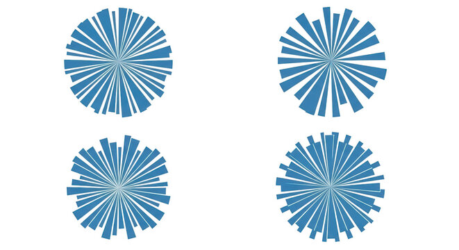 Set of four circular radial bar charts or sunburst diagrams isolated on transparent background