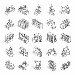 Obraz premium Collection of isometric line art icons representing scientific laboratory equipment and research tools.