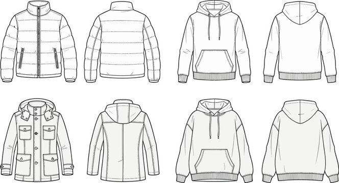 Fashion technical sketch vector set of men winter puffer jacket cargo coat and hoodies for apparel design template