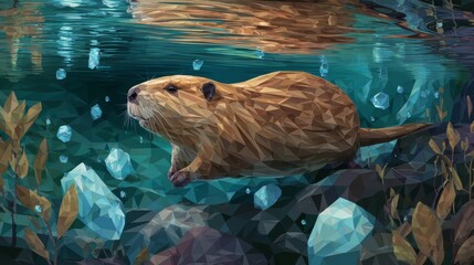 Obraz premium Geometric Beaver Swimming Among Crystals in a Waterfall Environment