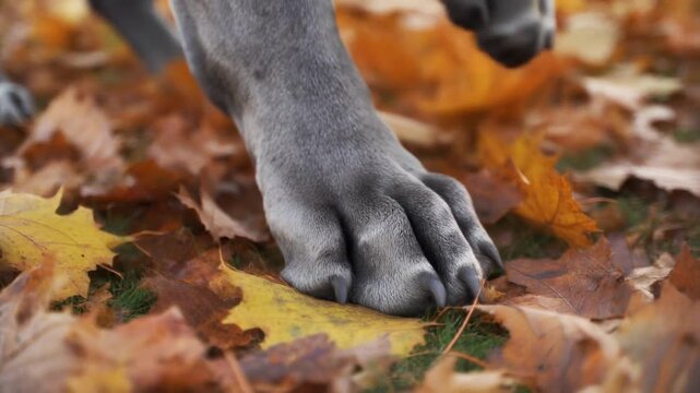 Great dane paws walking on crunchy autumn leaves