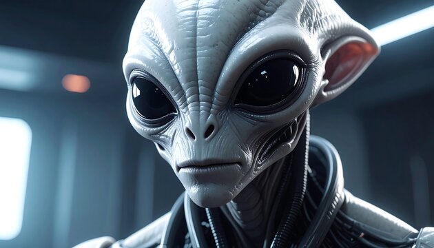 A close-up of an alien's face with large black eyes and an elongated head in a spaceship
