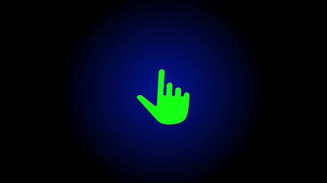 Hand holding a green screen animation of a looping finger-shaped, mouse pointer with transparent background.