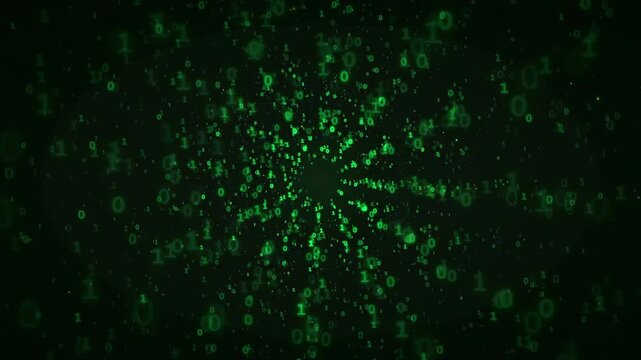 Abstract Green Binary Code Data Stream Flowing Towards Camera in Digital Cyberspace Background