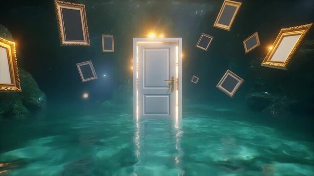 White door standing in dark water with floating golden frames creating a surreal dreamlike atmosphere for motion video footage