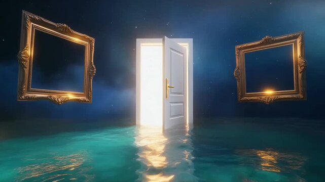 Open door standing in dark water with floating vintage frames under starry night sky cinematic motion video background loop