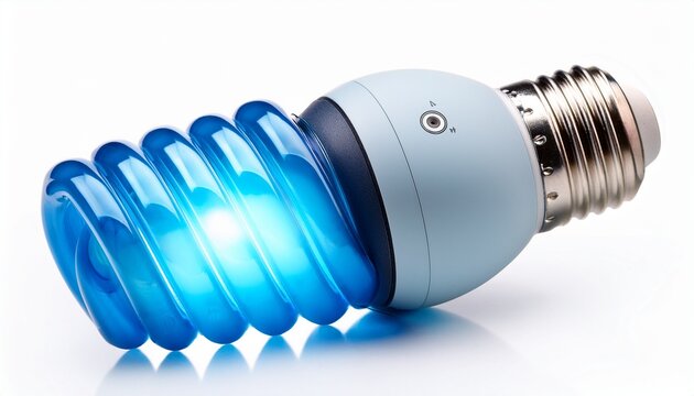 modern smart bulb with glowing blue light and control dial isolated on white background