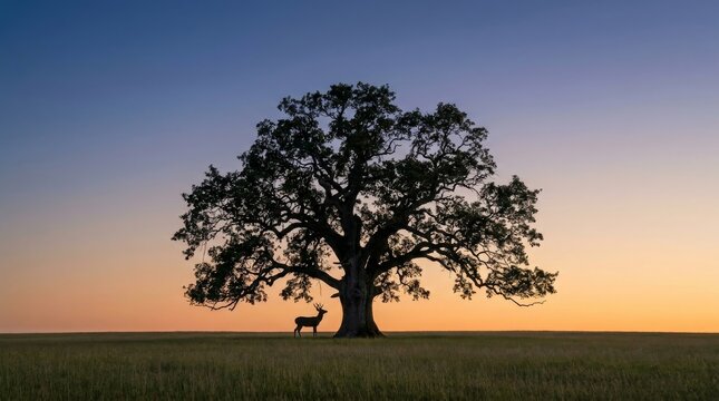 Solitary Ancient Oak Tree Silhouetted Against Gradient Sunset Sky in Open Field